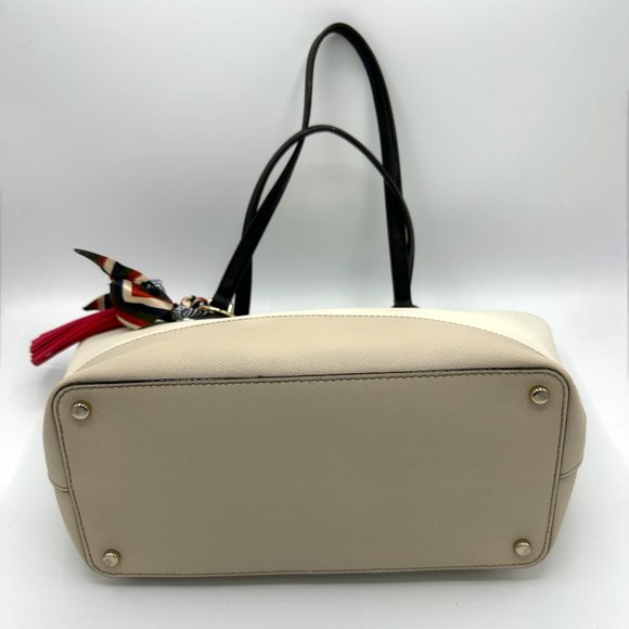 EUC Kate Spade Beige/Ivory/Black Colorblock Zip-Top Leather Tote + Bag Charm - Picture 10 of 16